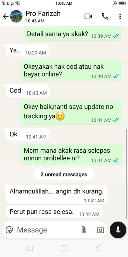 Tangkapan skrin perbualan WhatsApp testimoni pelanggan ProBellee