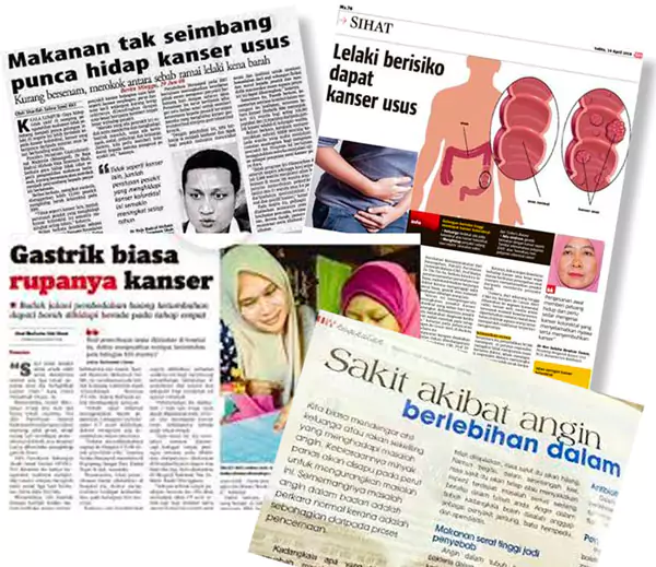 Kolaj keratan akhbar mengenai gastrik, angin berlebihan dan kesihatan usus