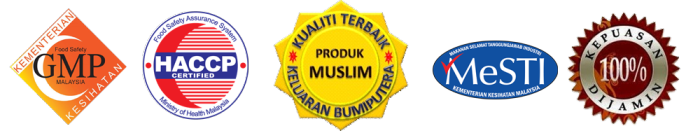 Logo GMP, HACCP, Produk Muslim, MeSTI dan Kepuasan 100% Dijamin